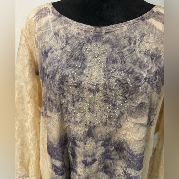 Frazzle Cream lace and Purple floral with rhinestones Lined Blouse size Large - Picture 2 of 9